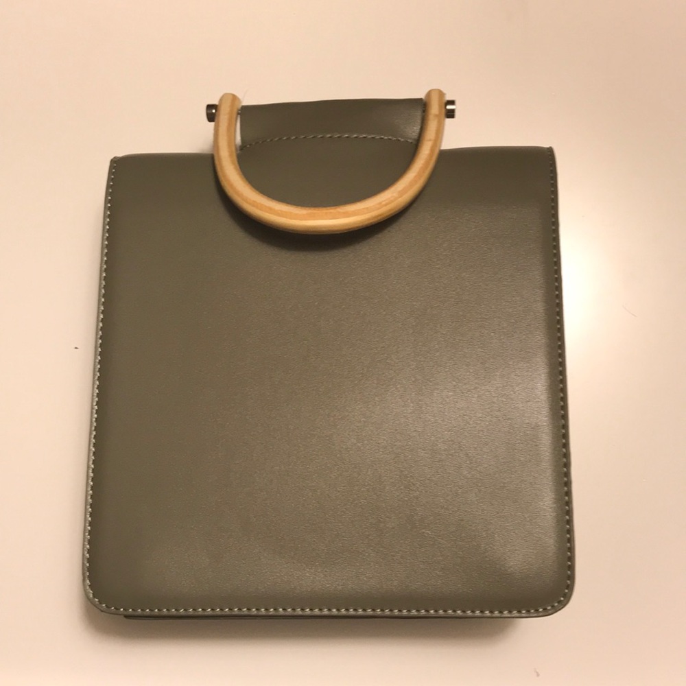 Olive Green Vegan Leather Handbag w/,Wooden Handle